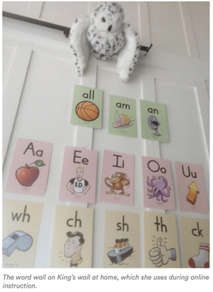 A word wall used during online instruction that features letter combinations and pictures that match the sounds those letters make. 