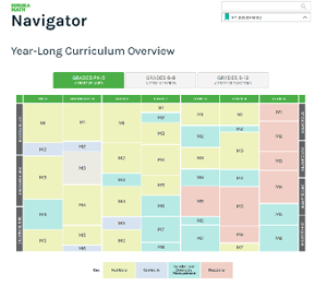 Image showing the color-coded curriculum map taken from the Eureka Math Navigator. It shows how content is laid out across grade levels and how modules align. Color coding indicates content areas. 