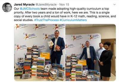 Two pictures of adults standing next to piles of books showing a single copy of every book a child would have in K–12 math, reading, science, and social studies.